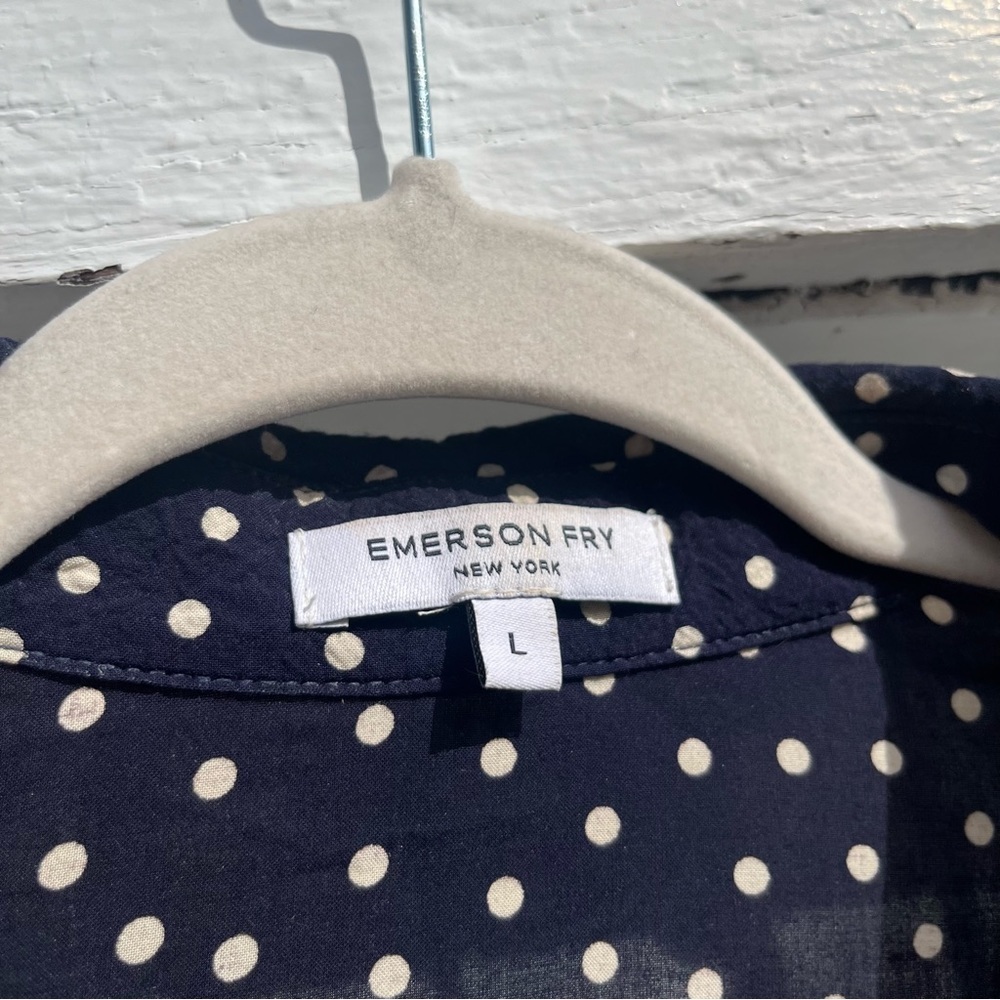 EMERSON FRY navy blue polka dot long puff sleeve button up blouse - Picture 6 of 7